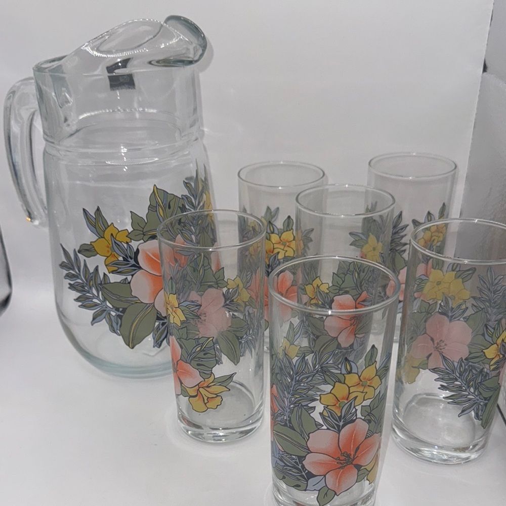 Floral Glass Pitcher and Tumbler Set